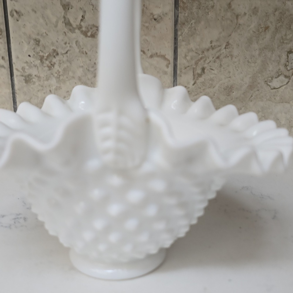 White Hobnail Milk Glass Decorative Basket w/ Handle, Ruffled Edge Round